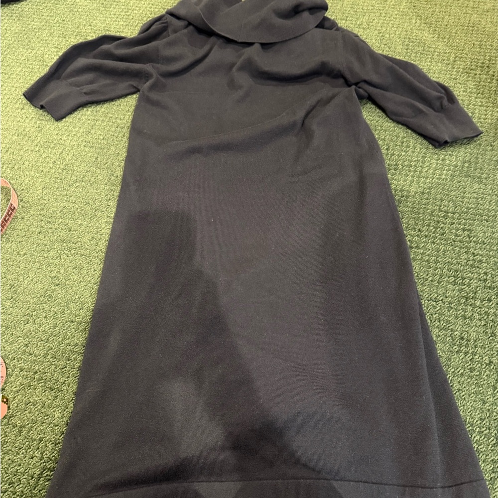 525 America Black Cowl Neck Cable Knit Sweater Dress sz L short Sleeve - Picture 9 of 11